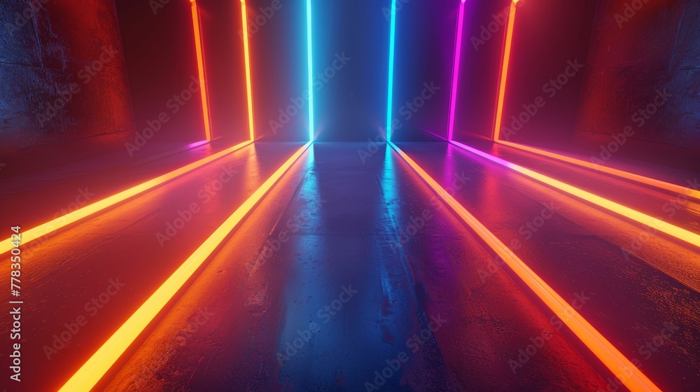 Aufkleber an abstract multicolor spectrum background with bright neon orange rays and glowing lines in colors 