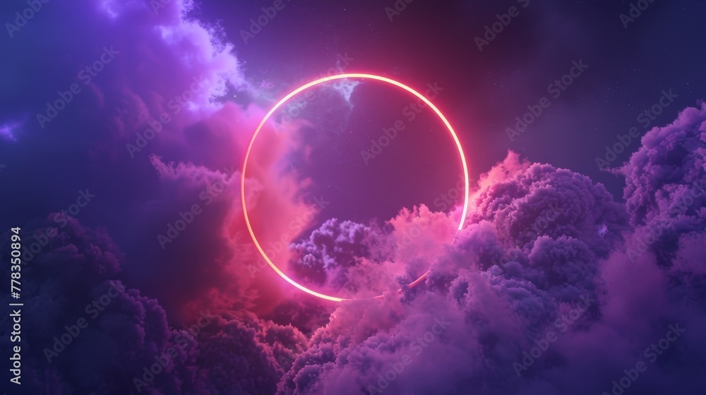 Poster 3d render of abstract cloud illuminated with neon light ring on dark sky. glowing geometric shape, r