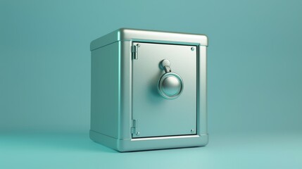Closed metallic safe box isolated on blue background. Front view. Clipart of banking safety.