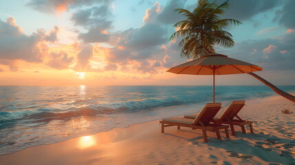Sunset on a beautiful tropical beach. Sun lounger on a sandy beach by the sea. Summer banner concept for holiday and tourism. - obrazy, fototapety, plakaty