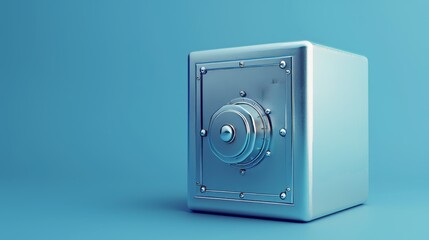 The closed metallic safe box of a bank is shown in 3D on a blue background.