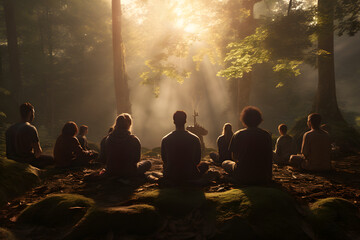 people praying and meditating in the woods in circle, meditating, yoga