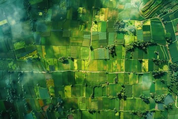 Aerial shot of rice paddies, patchwork of green and gold, capturing the harmony of nature and agriculture