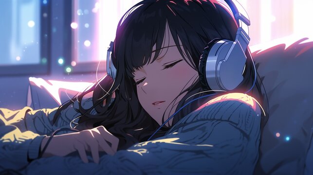 Anime girl immersed in lo-fi beats, large headphones, eyes closed, relaxing in a softly lit room, serene vibe