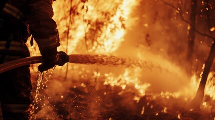 Close-up of fireman with hose, fierce flames behind, capturing the heat and danger of battling a forest fire - obrazy, fototapety, plakaty