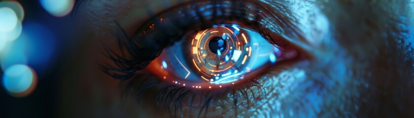 Intense gaze with nano-computer components in eye, subtle tech lights, fusion of human and machine - obrazy, fototapety, plakaty