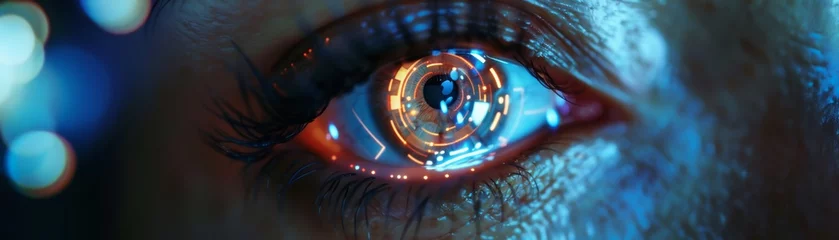 Fotobehang Intense gaze with nano-computer components in eye, subtle tech lights, fusion of human and machine © pantip