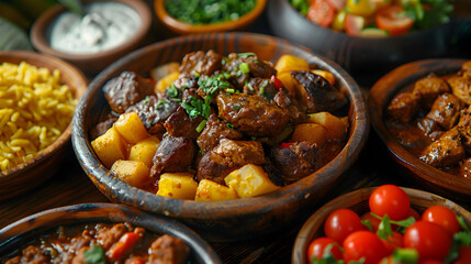 Jamaican Curry Goat on Decorated Table for HD Wallpaper with Cinematic Effect