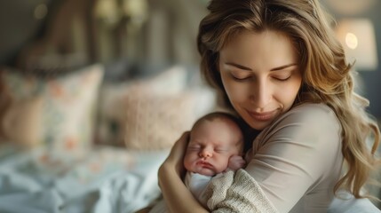 Loving mother gently holding her newborn, serene bedroom setting, symbolizing parental care and affection