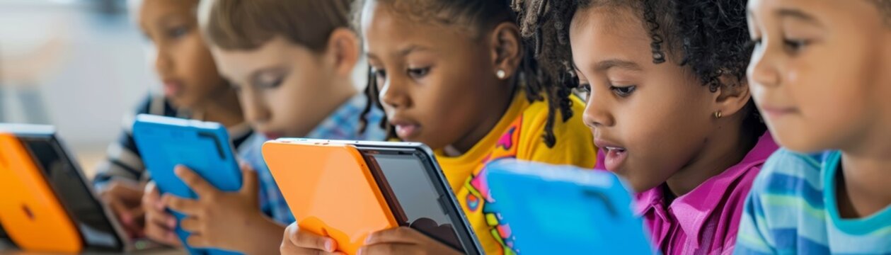 Kids engaged with tablets, interactive classroom, bright and colorful, illustrating the future of digital education