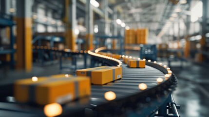 Stream of goods on conveyor belt, dynamic factory environment, representing the heartbeat of manufacturing