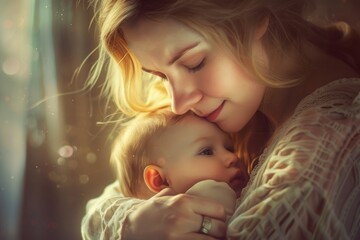 Tender moment of a mother cradling her baby, soft lighting, warm nurturing embrace, symbol of maternal care - obrazy, fototapety, plakaty