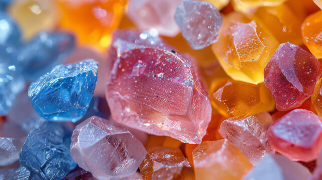 Colorful Gemstones Glistening in Close-Up, Macro Detail of Diverse Crystal Textures