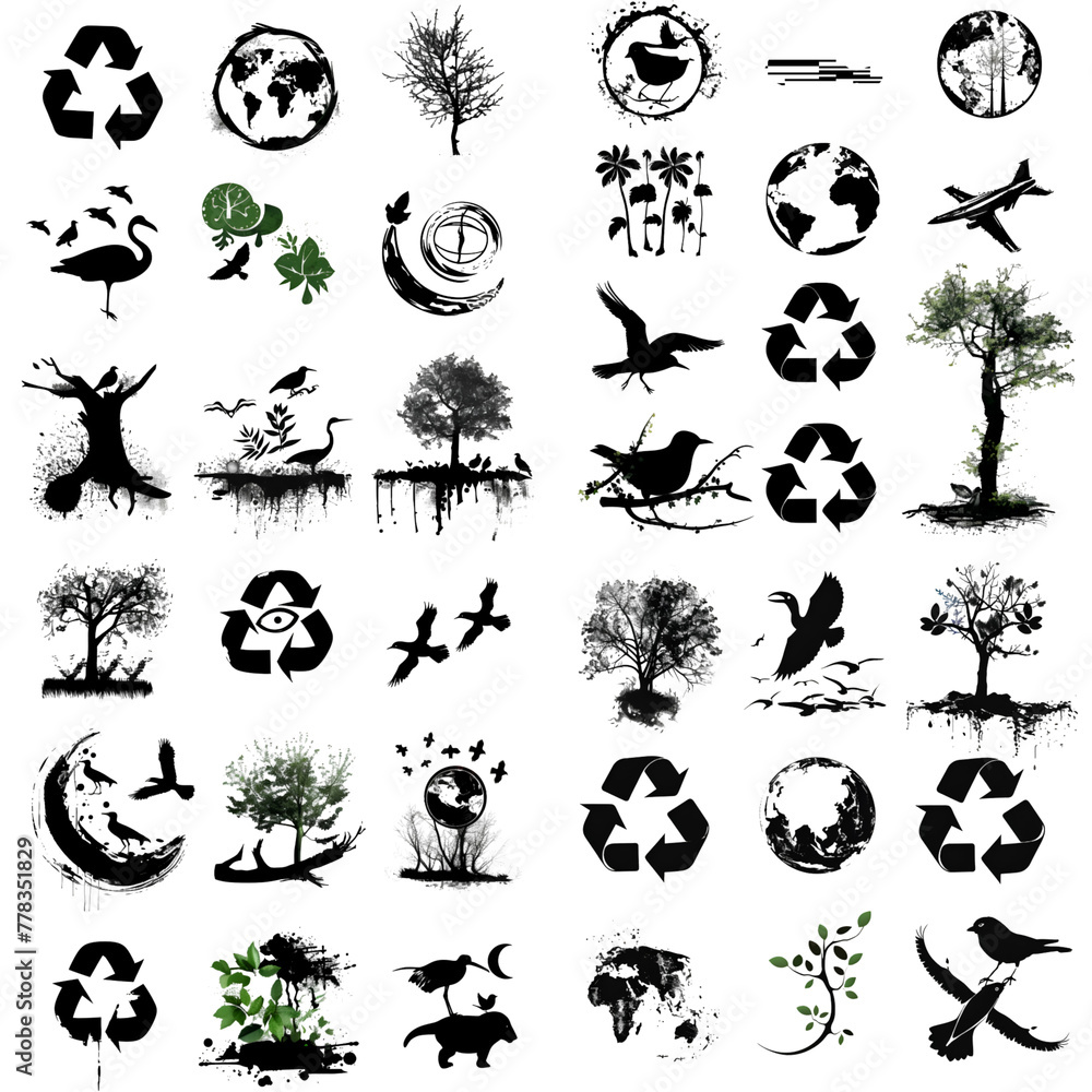 Poster a set of black and white symbols and shapes, special shapes, different in many ways. generative ai