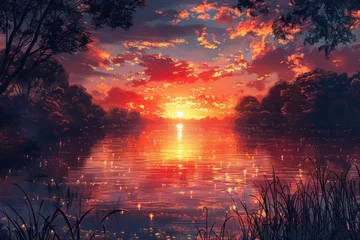 Fototapeten tranquil sunset over serene lake surrounded by lush forest © Belho Med