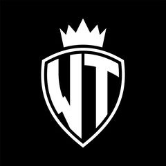 WT Letter monogram shield and crown outline shape with black and white color design