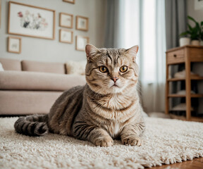 American shorthair cat sitting on a soft carpet in a room , Generated by AI Artificial intelligence technology