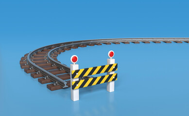 3D illustration of the endpoint of the trip. A railway line disappearing into the distance around a bend. A warning sign that there is no further road on a light blue background.