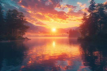Fototapeten tranquil sunrise over misty mountains and serene lake © Belho Med