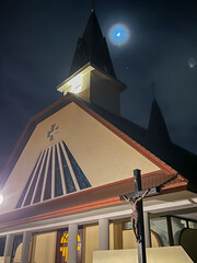 Czestochowa, Poland, February 15, 2024: Church of Saint Faustina in Czestochowa, Poland. View from outside at night