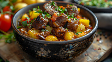 Jamaican Curry Goat on Decorated Table for HD Wallpaper with Cinematic Effect