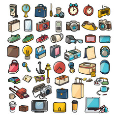 Collectible icons such as books, cell phones, watches, cups, bottles, watches. Generative AI