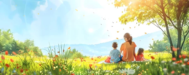  Family Enjoying a Sunny Picnic in a Lush Meadow Embracing the Simple Pleasures of Life © Wuttichai