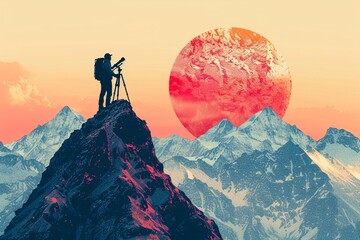 A figure silhouetted against the sunrise on top of a mountain, telescope by their side, embodying the journey to success and the search for new horizons, in a minimalist illustration - obrazy, fototapety, plakaty