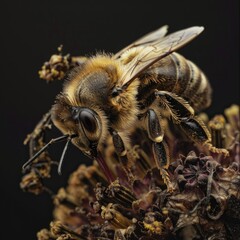 A close-up of a honeybee on a wilting flower capturing the impact on pollinators and ecosystems