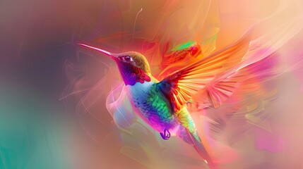 Fototapeta premium A digital illustration of a hummingbird in flight its wings a blur of neon colors against a minimalist backdrop