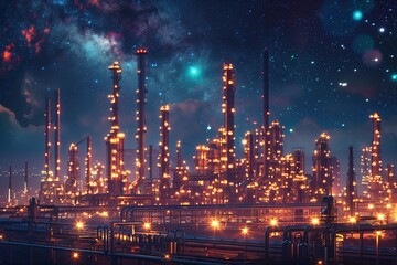 Fototapeta na wymiar A futuristic oil refinery on a distant planet, pipelines and towers against a starry sky, scifi style