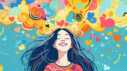 Dynamic and imaginative illustration of creative outburst full of dreams and love in heart shapes. Mental health concept