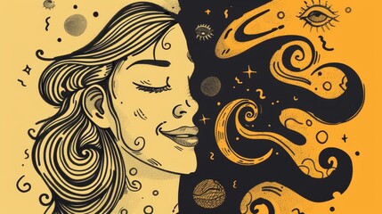 Artistic monochrome representation of a woman with cosmic elements like stars and planets, merged in a surreal and thought-provoking style. Mental health concept