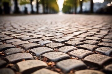 Cobblestone street, close-up view, paved road, urban texture.
