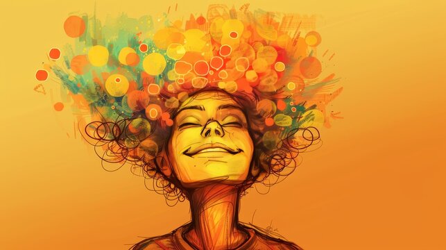 An artistic representation of a woman's mind exploding with colorful ideas and creativity. Mental health concept