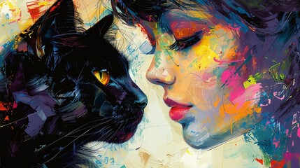 Abstract expressionist illustration of a lady and her cat, dynamic brushstrokes, emotive colors - obrazy, fototapety, plakaty