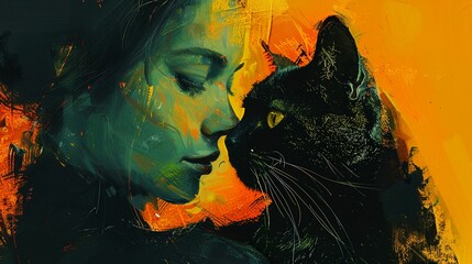 Abstract expressionist illustration of a lady and her cat, dynamic brushstrokes, emotive colors