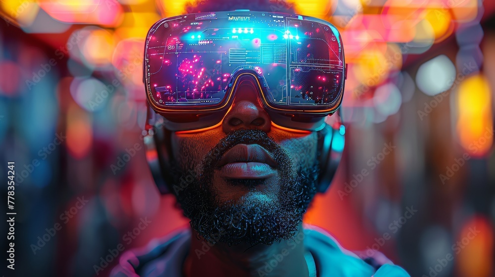 Poster Development concept for virtual reality and metaverse technologies. The man is wearing VR glasses and looking at the VR interface. The guy is working in his virtual reality headset in the metaverse.