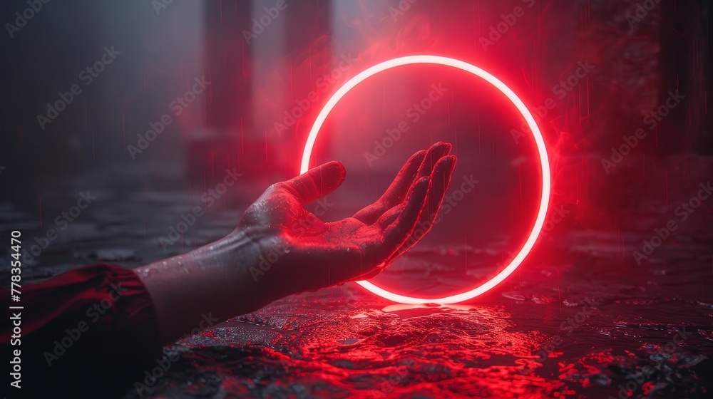 Poster abstract circular light hanging over palm of scientist over futuristic round red neon frame. templat