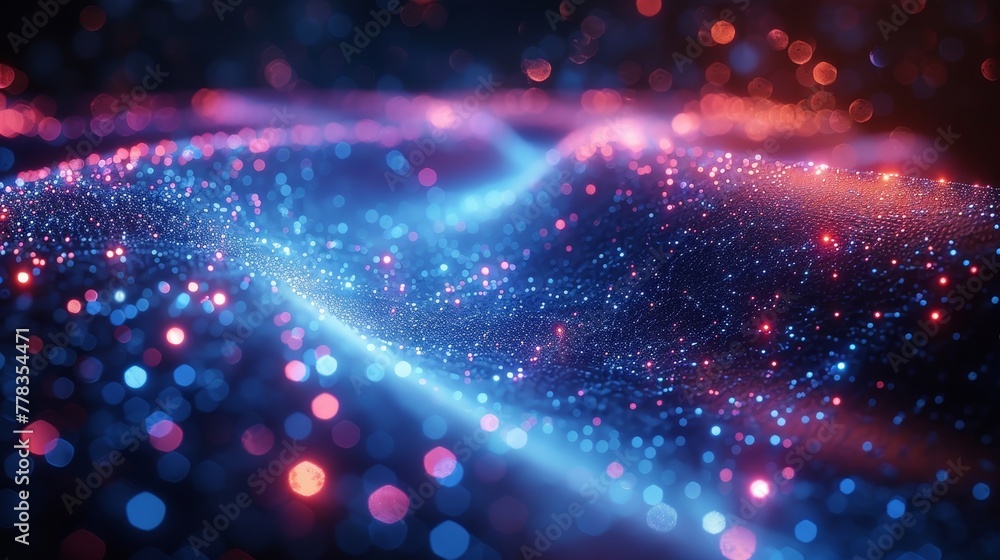 Leinwandbilder Traffic of light optics in cables. Technology of high-speed data transfers via optical fibers. Abstract background with quantum beams of data in optical fibres.
