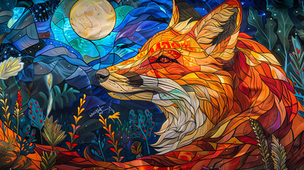Vivid and colorful stained glass-inspired illustration featuring a detailed fox in a natural setting.