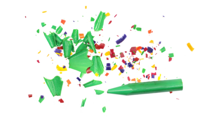 Green wax pastel and spiral shavings from sharpener isolated on white, top view