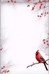 Winter scene, cardinal perched on branch, snowy backdrop.
