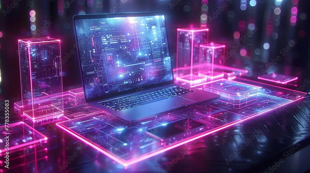 Poster Technology concept showing a laptop, phone, and tablet connected by a wireless network on a desk. Computer program in image shows futuristic glass blocks on a laptop screen. Software, mobile web