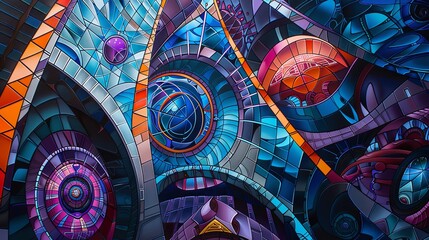 Colorful abstract design mimicking stained glass with intricate swirl patterns and light play.