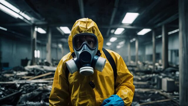Technician in hazmat suit working in a destroyed lab walking forward