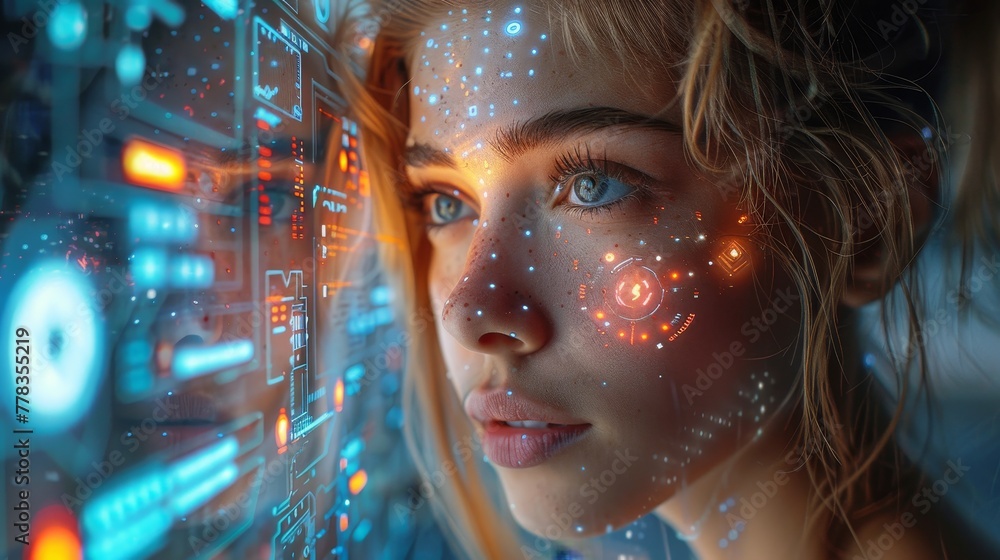 Aufkleber AI in image robot woman or female cyborg working on 3d holographic interface. Robotic lady with beautiful face and robotic hand pressing button. Anthropomorphic AI concept.