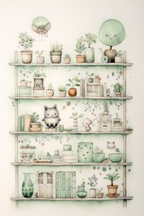 Pastel-toned, whimsical plant shelf scene, perfect for children's room decor.
