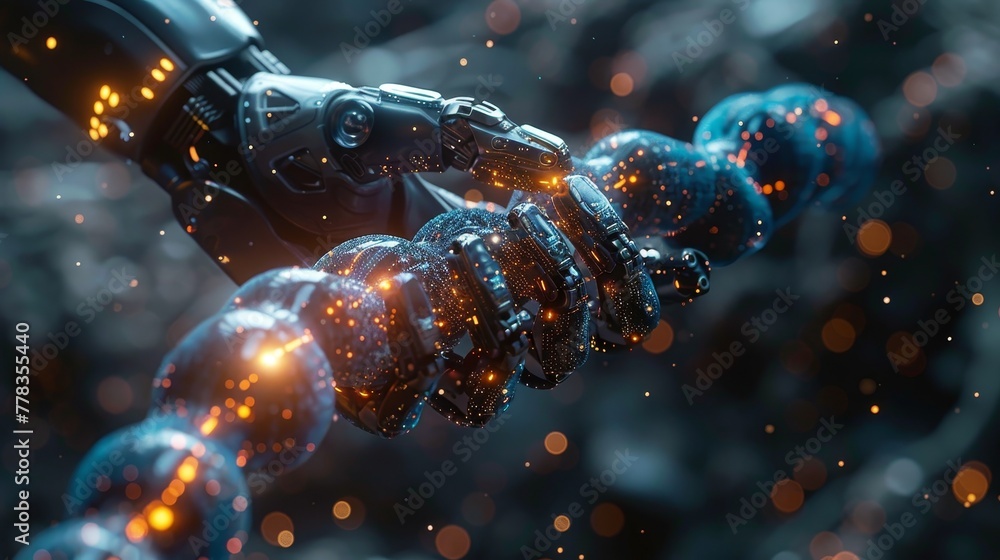 Poster Molecular dna molecule is edited by a micro-robot. Future genetic engineering technology. Robotic arm is used to alter genes in the DNA molecule. Futuristic medical nanorobots. DNA medicine research.