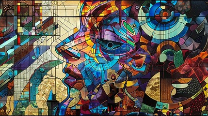 Artistic abstract stained glass design featuring a human face with vibrant, flowing colors.